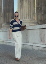 Cardigan with block strips and V-neck-beige-dark blue
