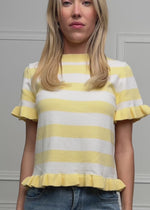 Gestreifter Kurzarm-Pullover mit Volants - offwhite-buttergelb