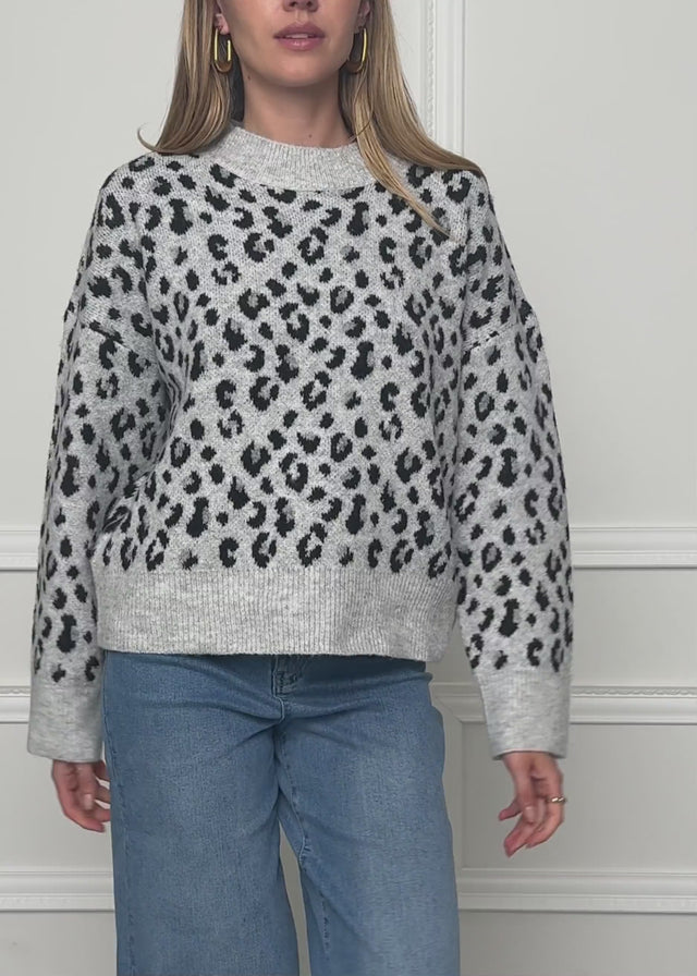 Pullover mit breiter Rippe und Leo-Muster - hellgrau von SASSYCLASSY