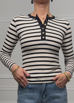 Gestreiftes Langarmshirt mit Knopfleiste - schwarz-weiß