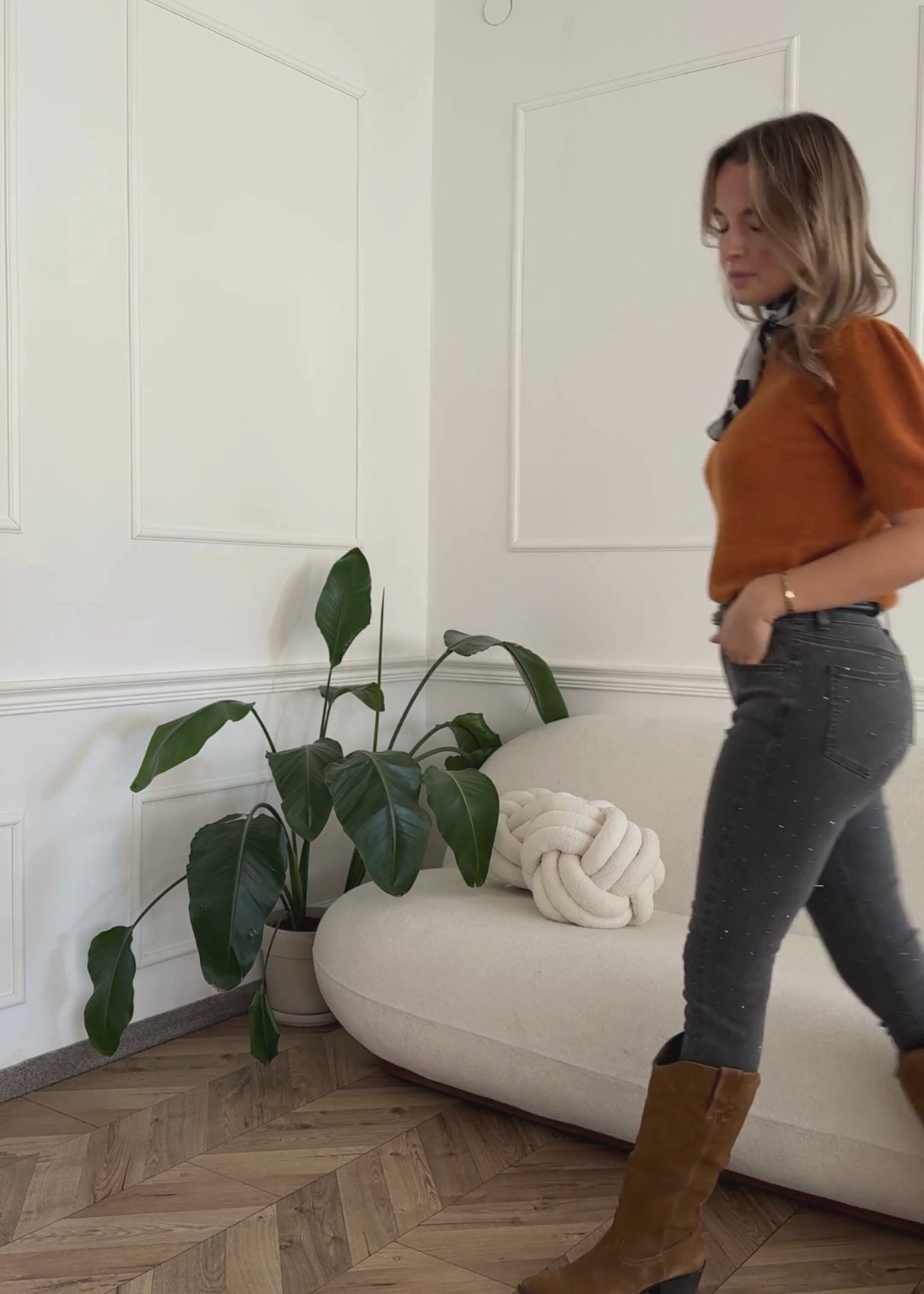 Strickoberteil mit Puffärmeln - cognac