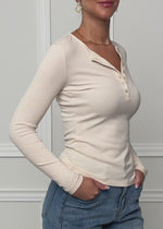 Ribbed long-sleeved shirt with button placket - light beige