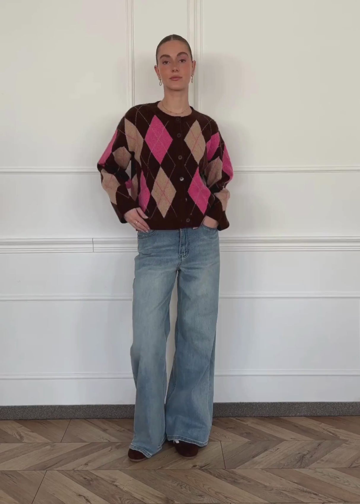 Oversize Cardigan mit Rautenmuster - braun-pink