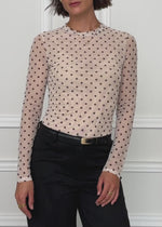 Mesh long-sleeved shirt with dots - beige