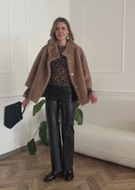 Mesh long-sleeved shirt with leopard print and flounce sleeves - brown