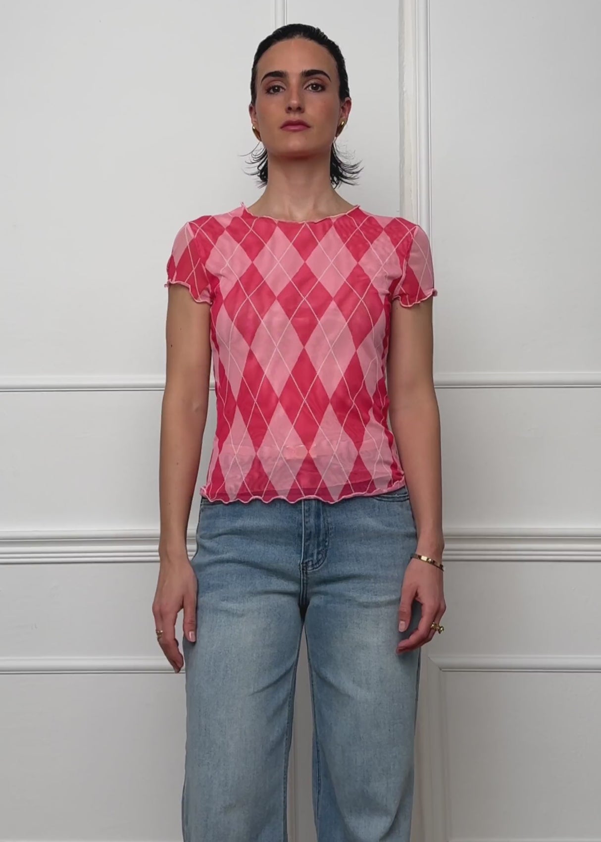 Mesh T-shirt with diamond print - pink