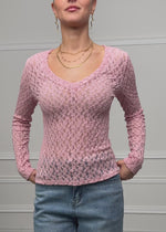 Langarm Spitzenshirt mit V-Ausschnitt - rosa