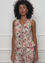 Top with tapes and floral pressure - beige