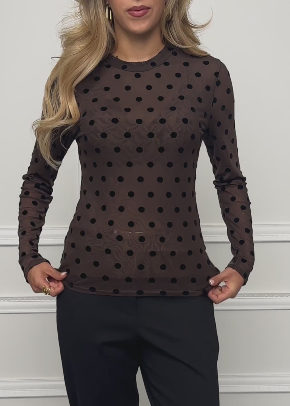 Mesh long-sleeved top with polka dots - brown by SASSYCLASSY