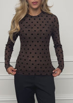 Mesh long-sleeved top with polka dots - brown