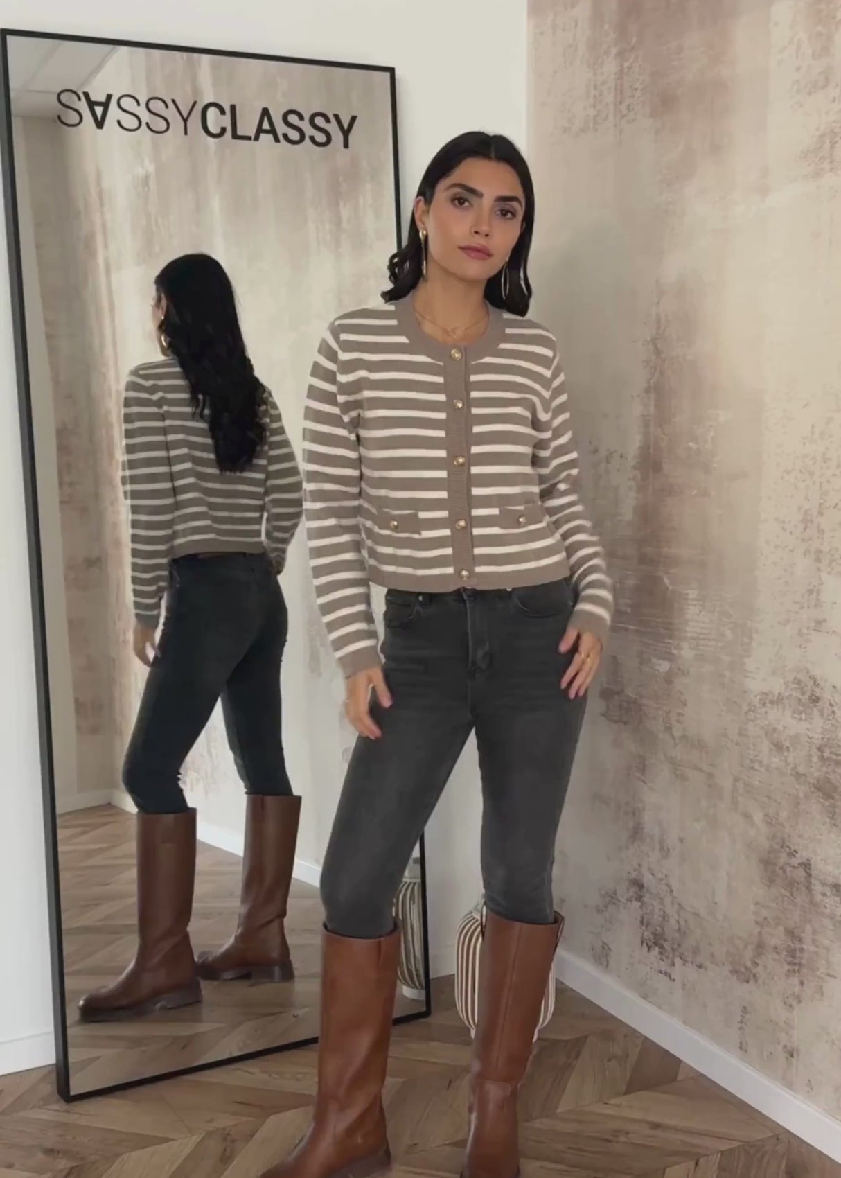 Elegant cardigan with striped pattern - beige