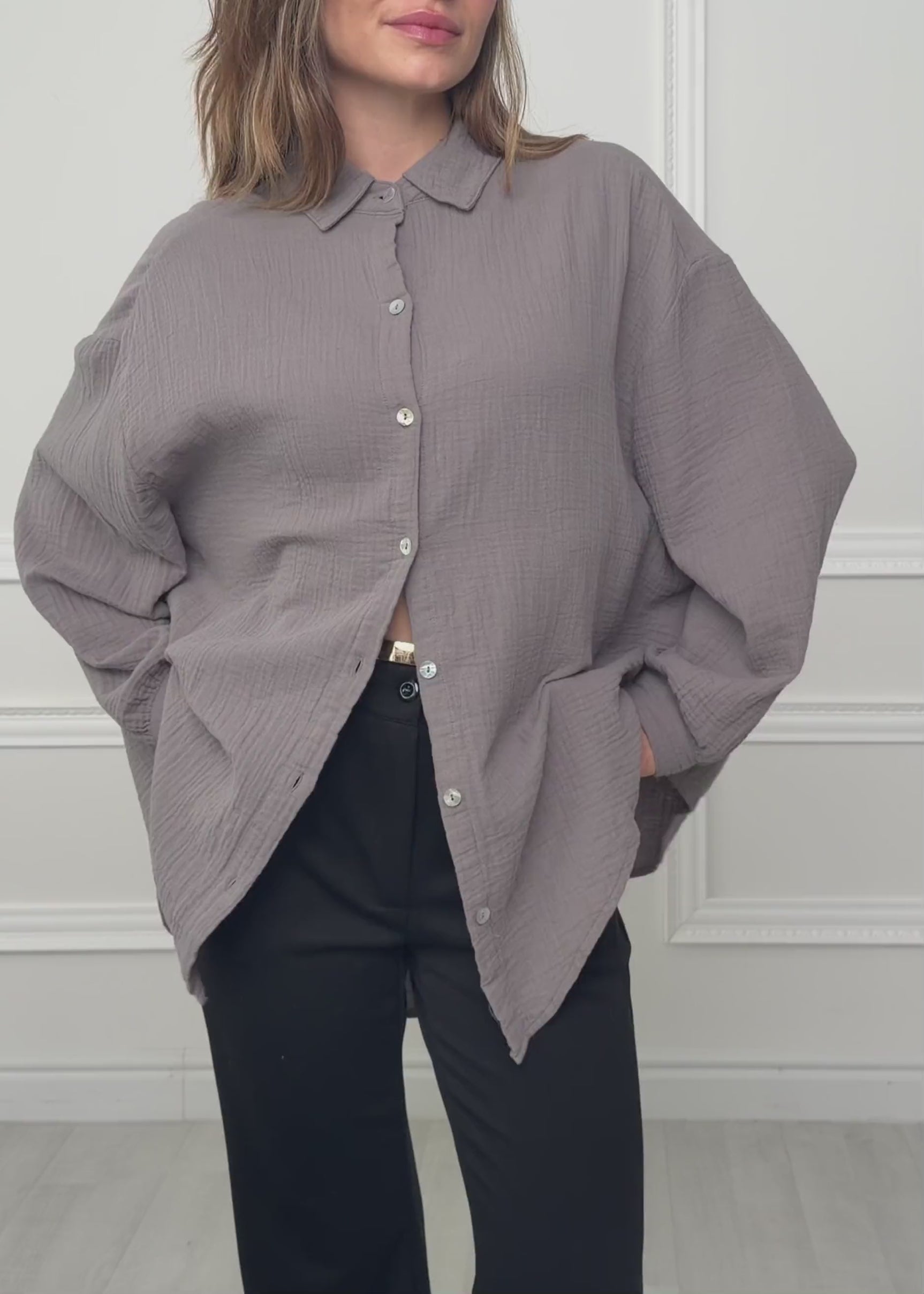 Musselin Bluse oversize, kurz - taupe