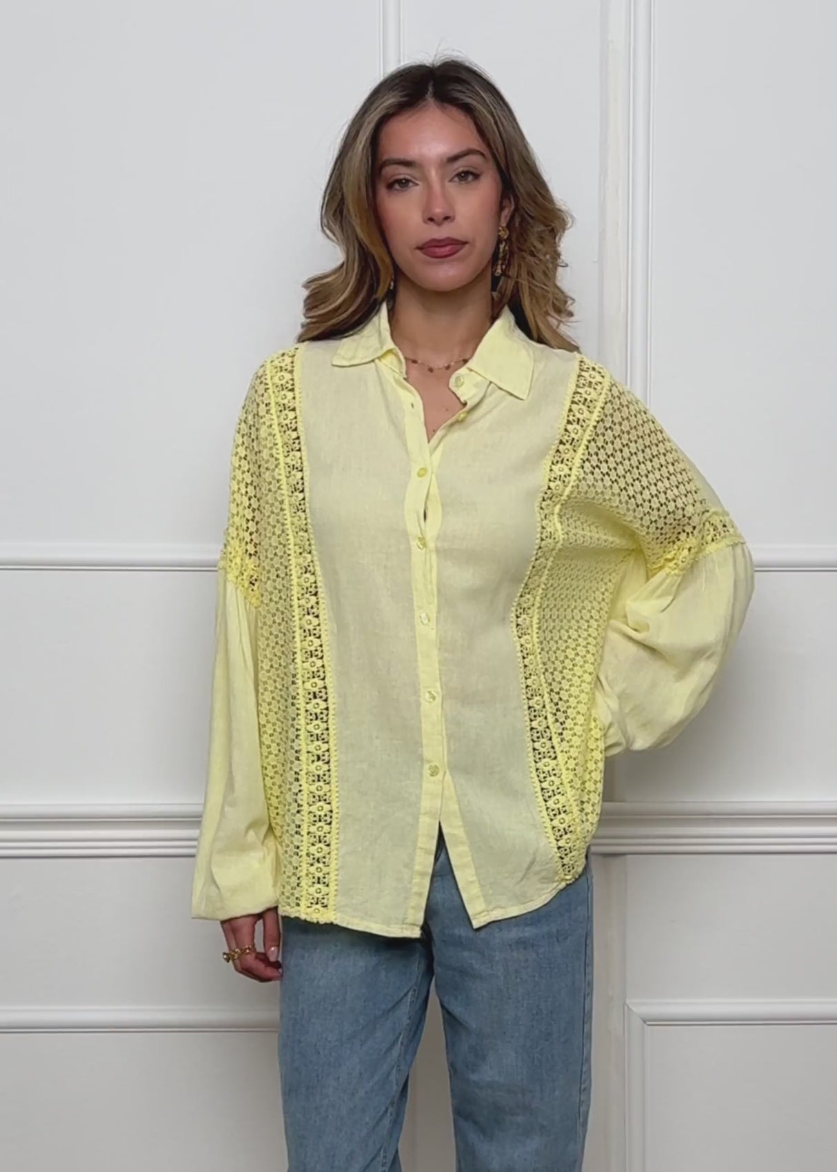 Linen blouse with lace - butter yellow