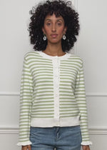 Gestreifte Strickjacke mit Volants - grün