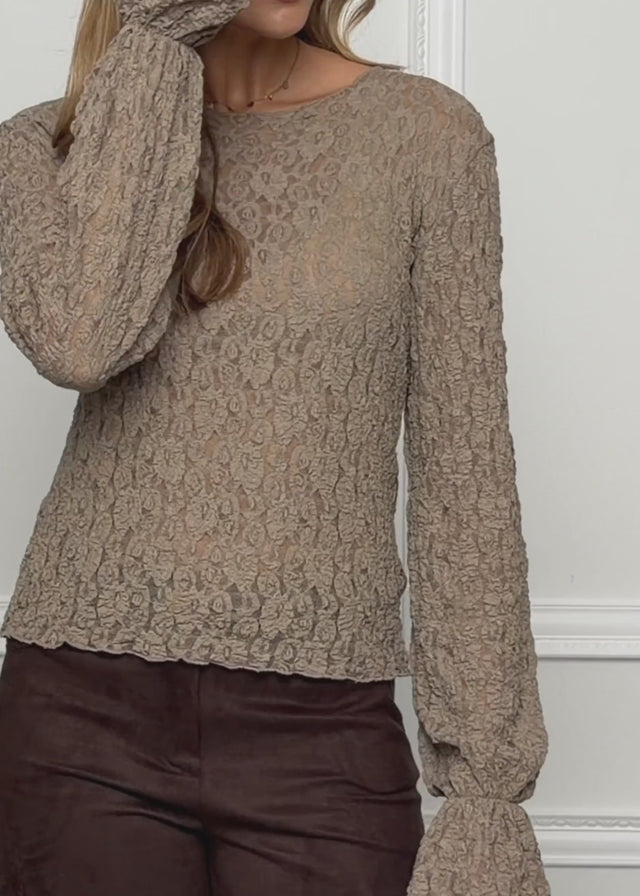 Long-sleeved lace top with flounce sleeves - taupe by SASSYCLASSY