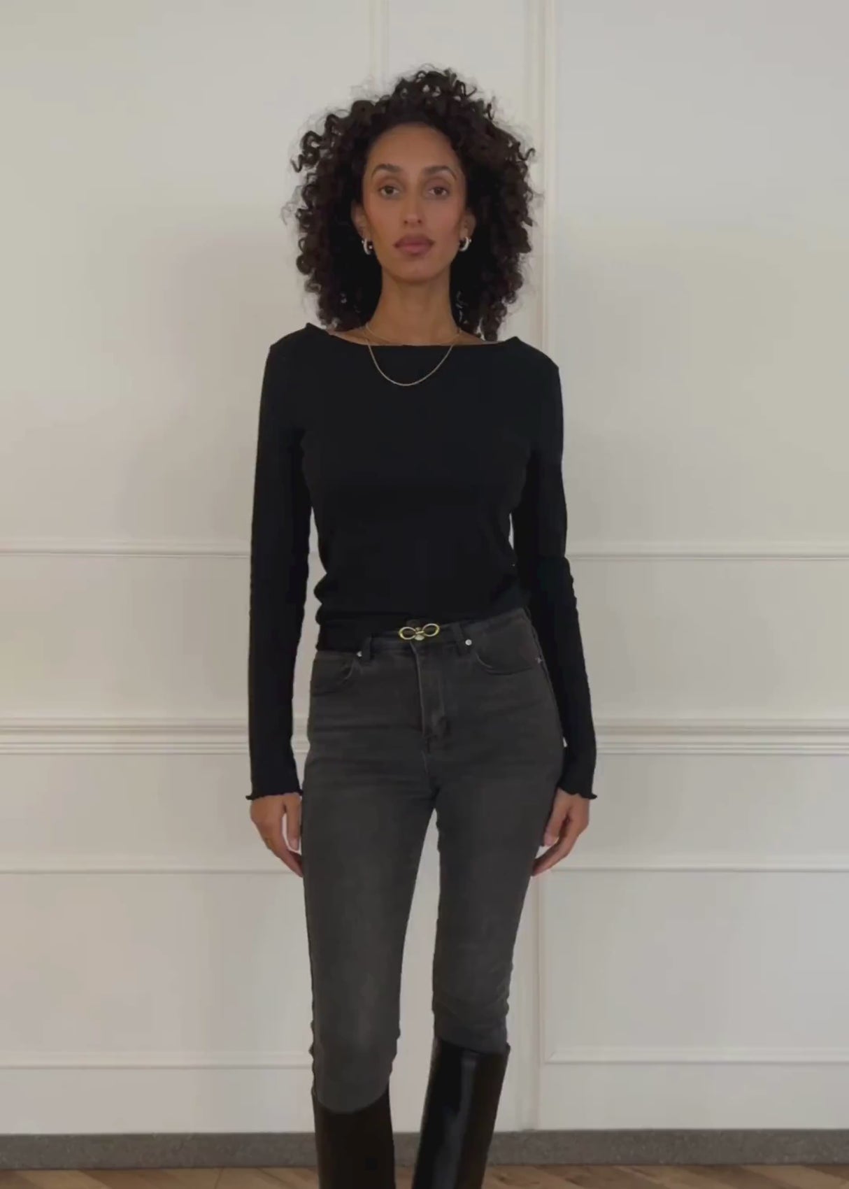 Pointelle long-sleeved shirt - black