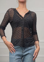 Mesh Langarmshirt mit Punktemuster - schwarz