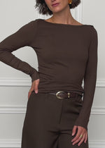 Langarmshirt mit U-Boot Ausschnitt - braun