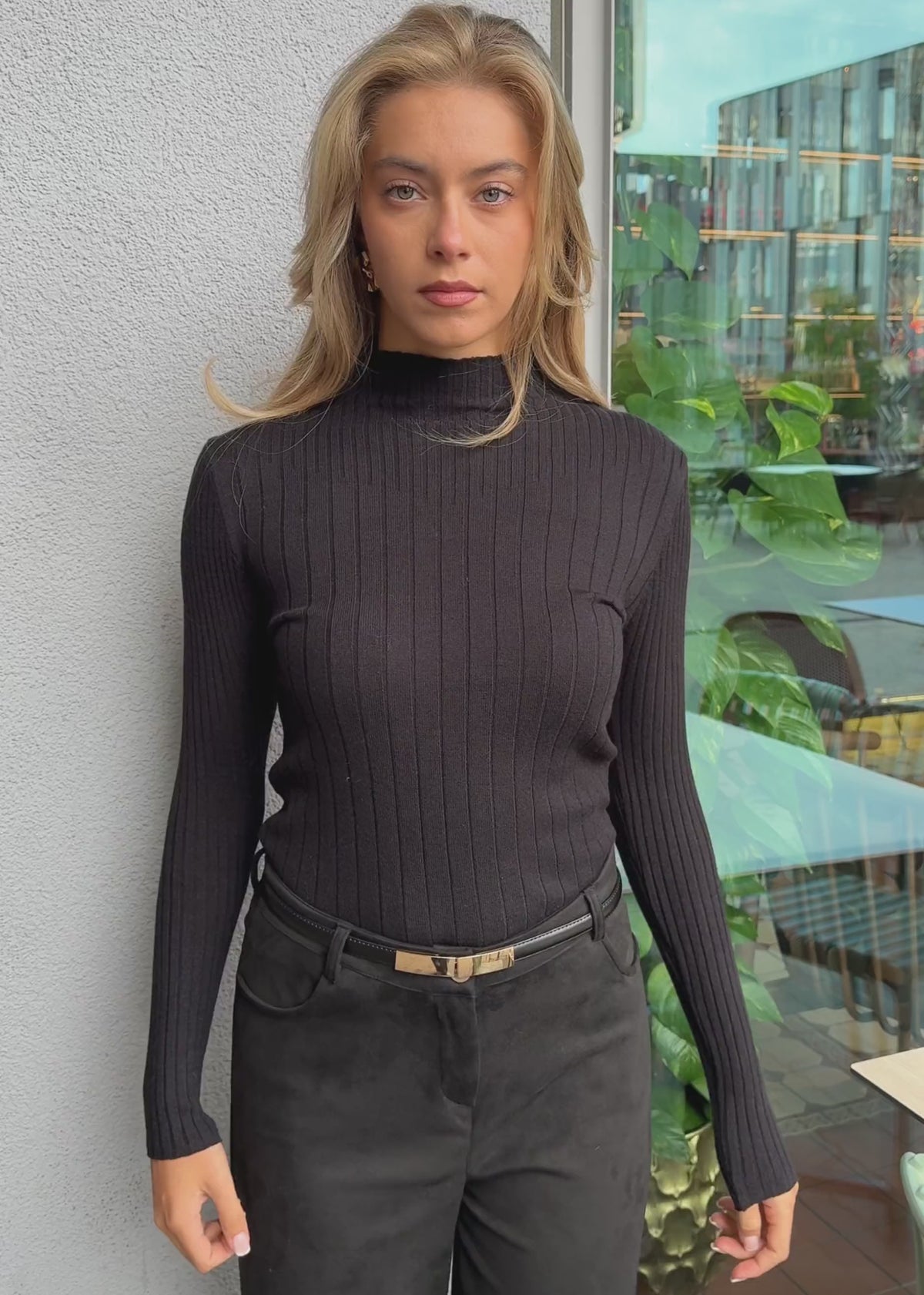 Ribbed knit top with stand-up collar - black by SASSYCLASSY