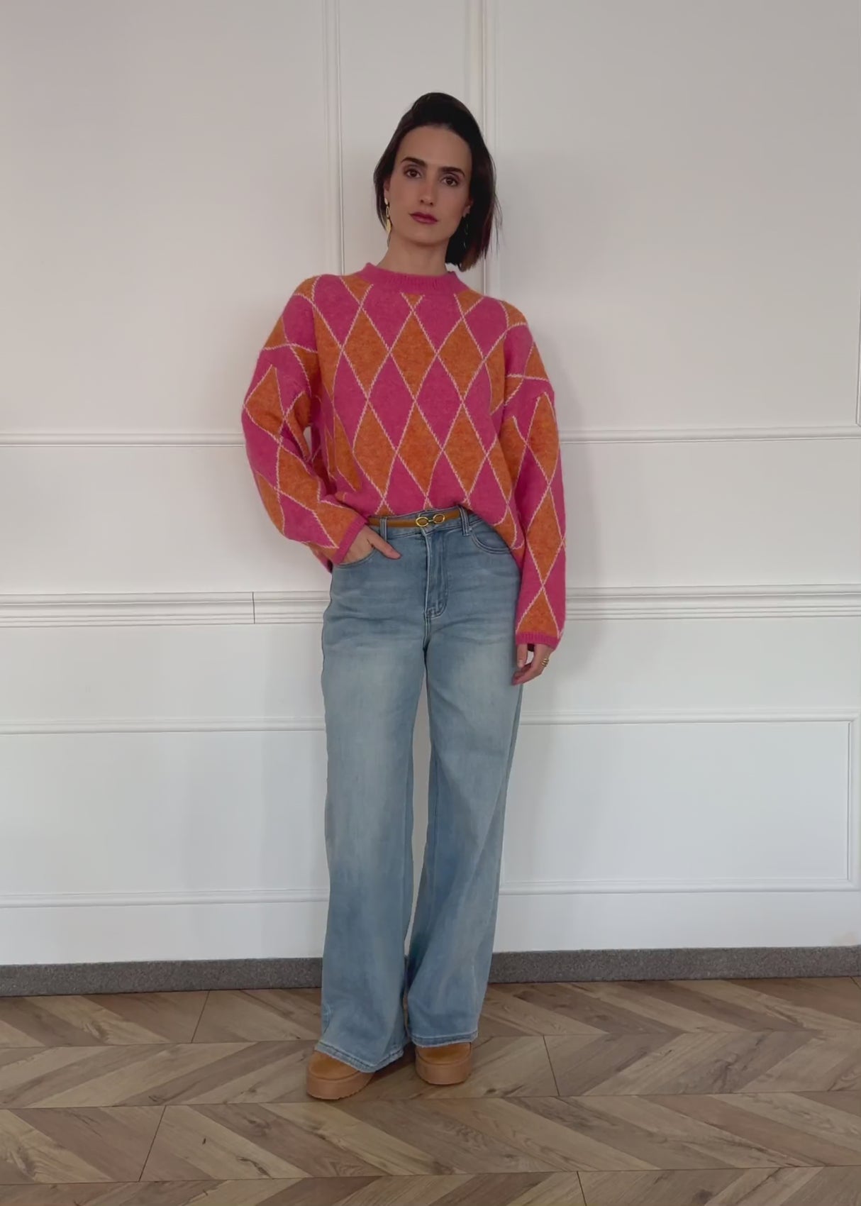 Oversize Strickpullover mit Rautenmuster - pink-orange