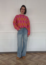 Oversize Strickpullover mit Rautenmuster - pink-orange