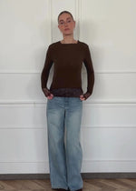Langarmshirt mit Spitzenborte und Kaschmiranteil - braun