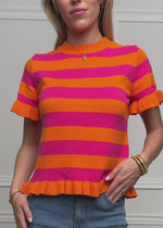 Gestreifter Kurzarm-Pullover mit Volants - orange-pink