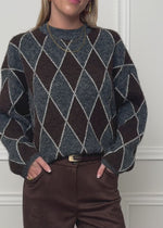 Oversize Strickpullover mit Rautenmuster - grau-braun