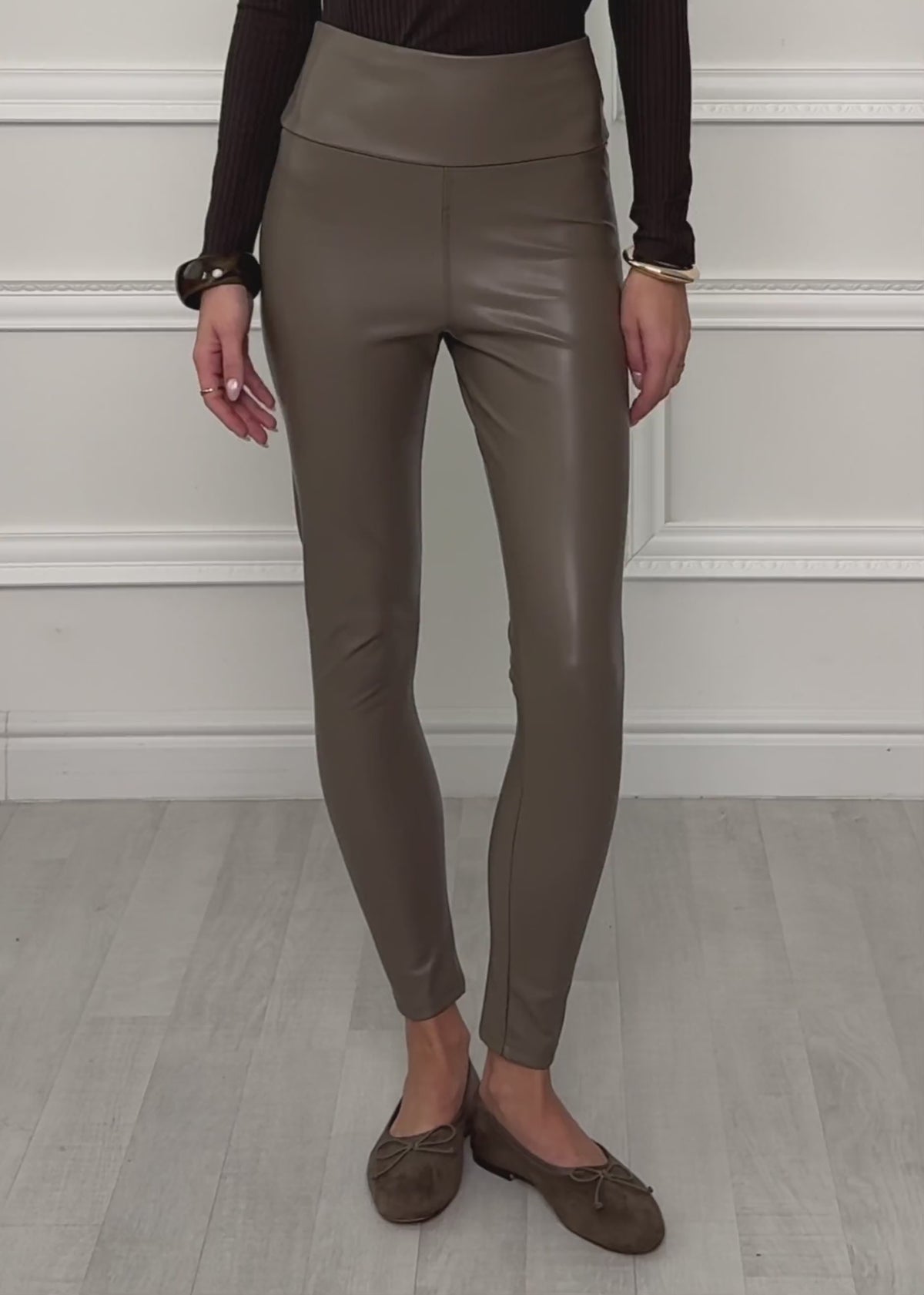 High-rise thermal leather leggings with wide waistband - taupe by SASSYCLASSY