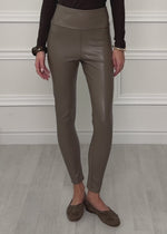 High-rise thermal leather leggings with wide waistband - taupe