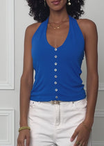 Neckholder-Top mit Zierknöpfen - royalblau