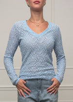 Long-Sleeved Lace V-Neck Top - Light Blue