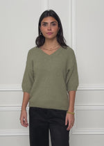 Kurzarm-Strickpullover mit V-Ausschnitt - khaki