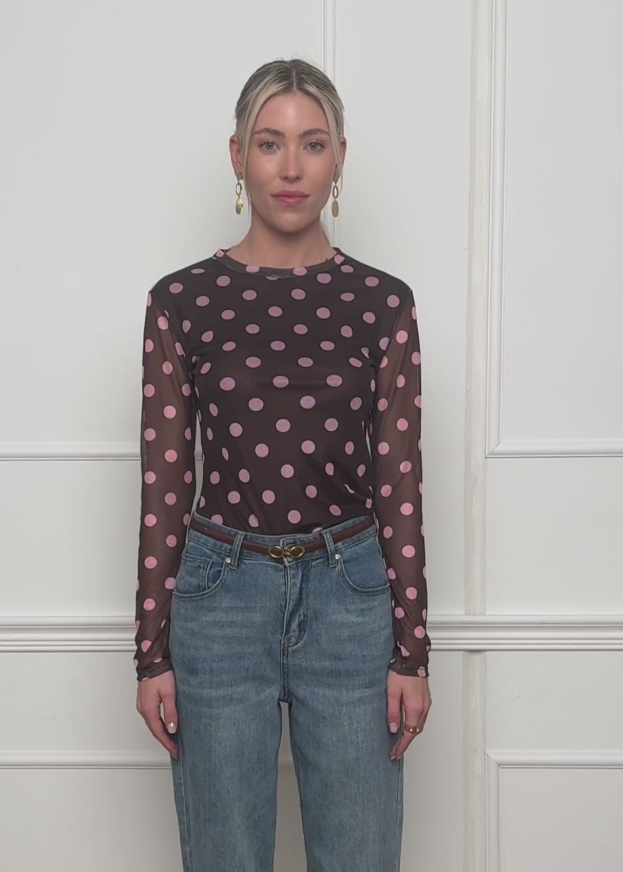 Mesh Langarmshirt mit großen Punkten - braun-rosa