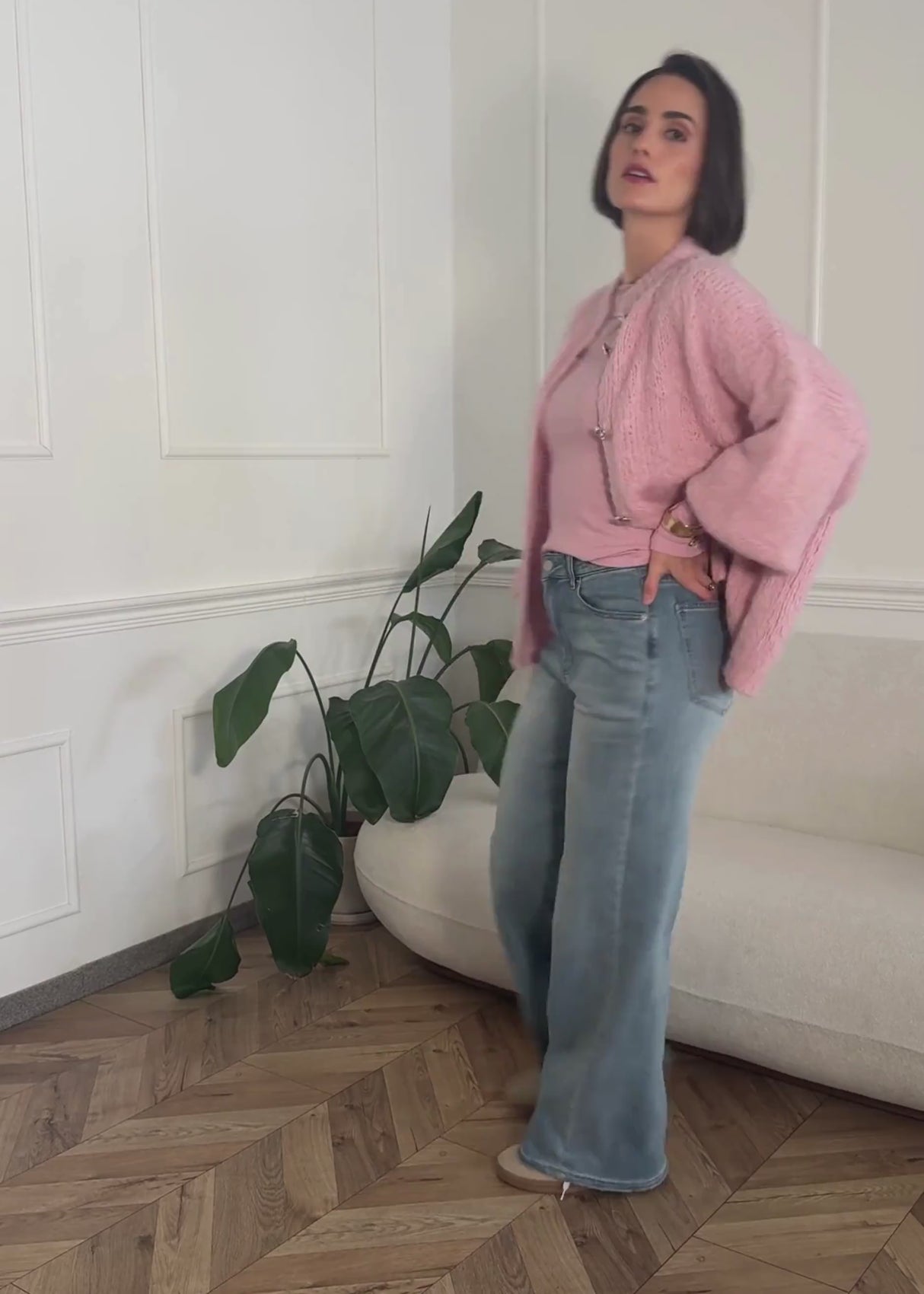 Long-sleeved shirt with boat neckline - dusky pink