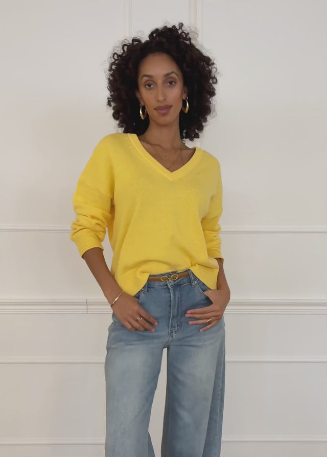 Oversized cotton jumper with deep V-neck - yellow by SASSYCLASSY