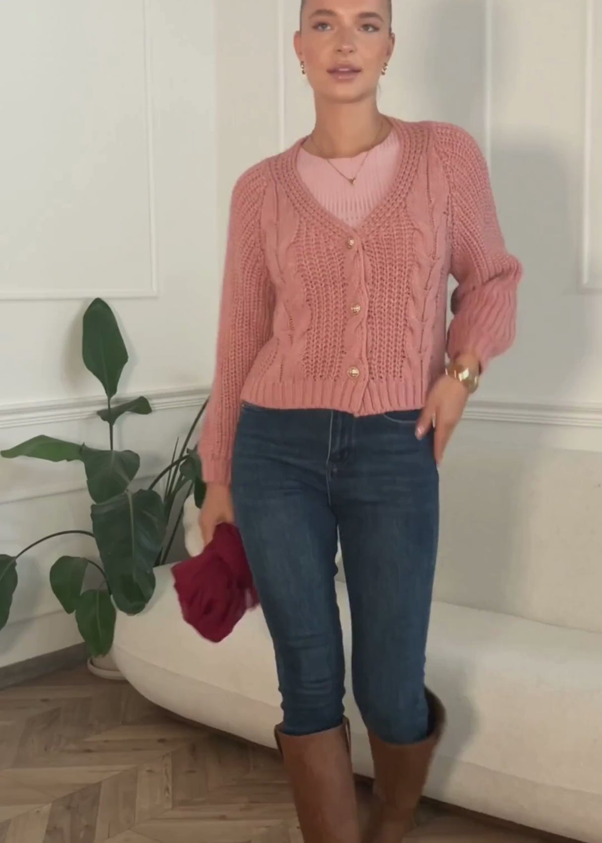 Card -brick cardigan with button placket - powder pink