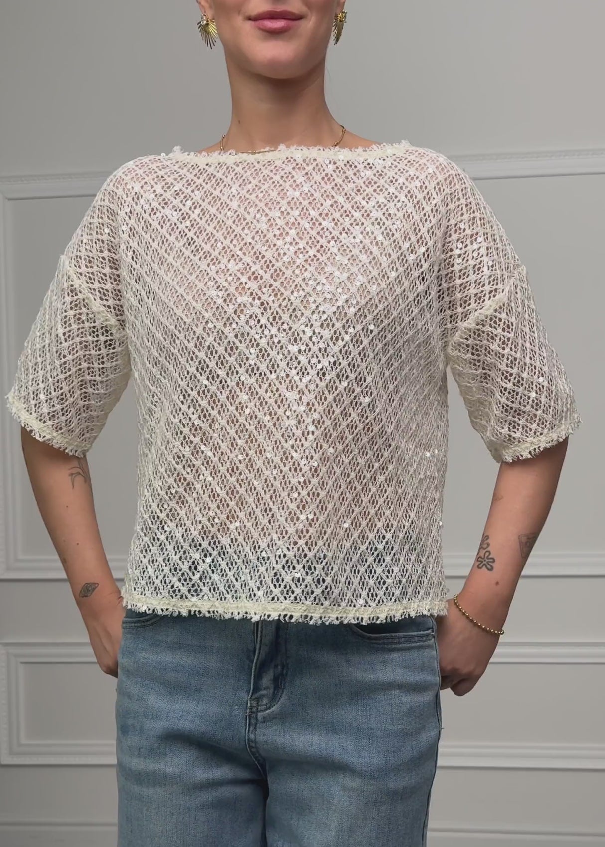 Netz-Shirt mit Pailletten - creme von SASSYCLASSY
