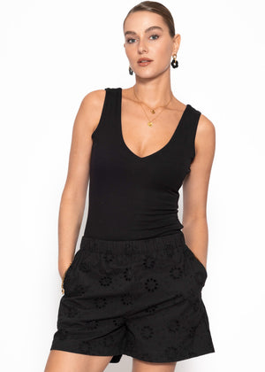 Ärmelloser Body mit V-Ausschnitt - schwarz