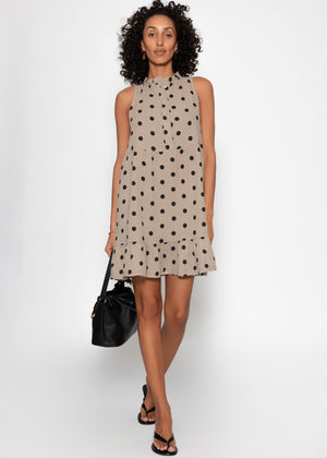 Ärmelloses Musselin Kleid mit Volants und Punkte Print - taupe