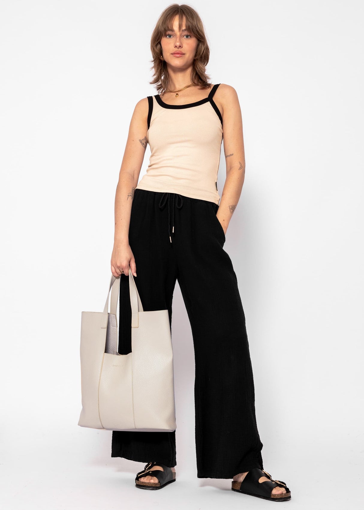 Asymmetric tank top with black panels - beige