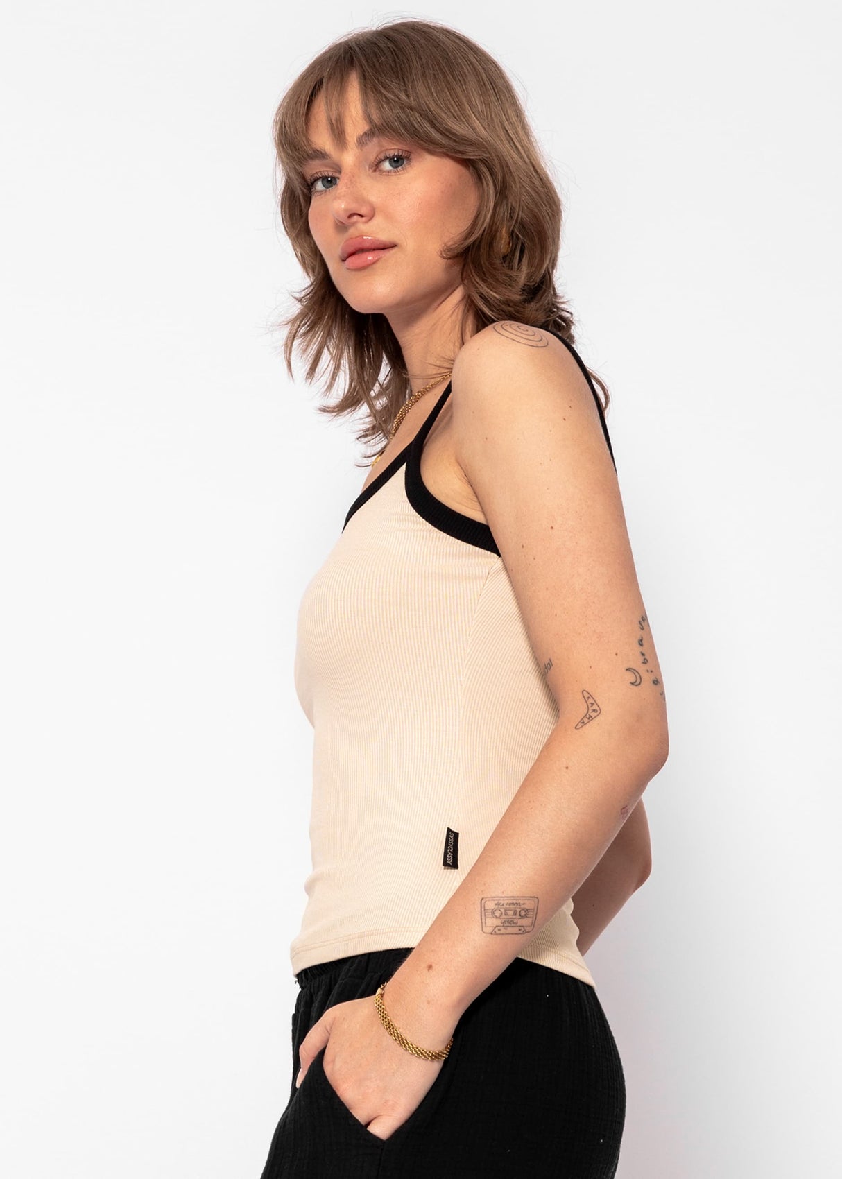 Asymmetric tank top with black panels - beige