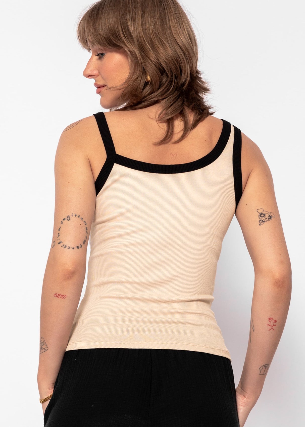 Asymmetric tank top with black panels - beige