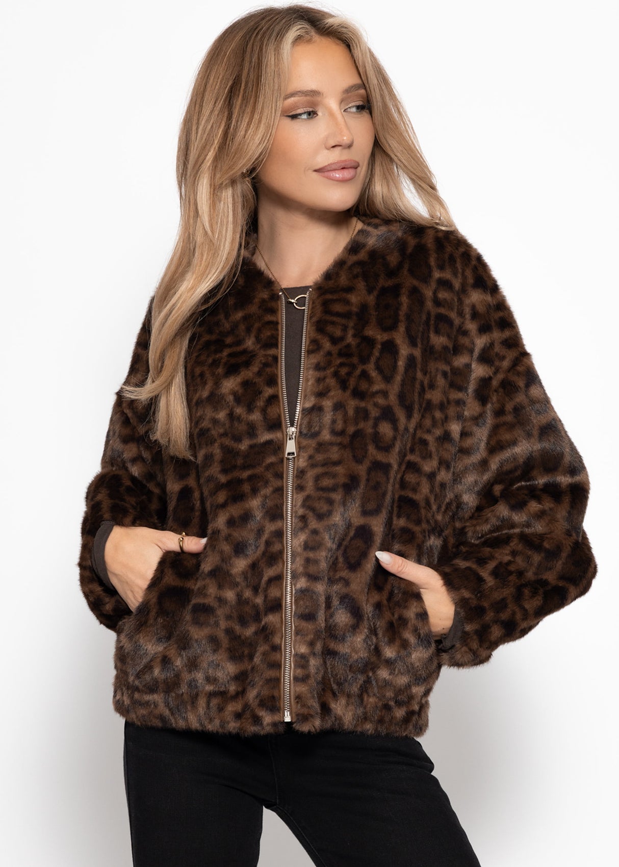 Faux fur bomber jacket with leopard print - brown