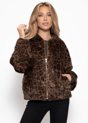 Faux fur bomber jacket with leopard print - brown