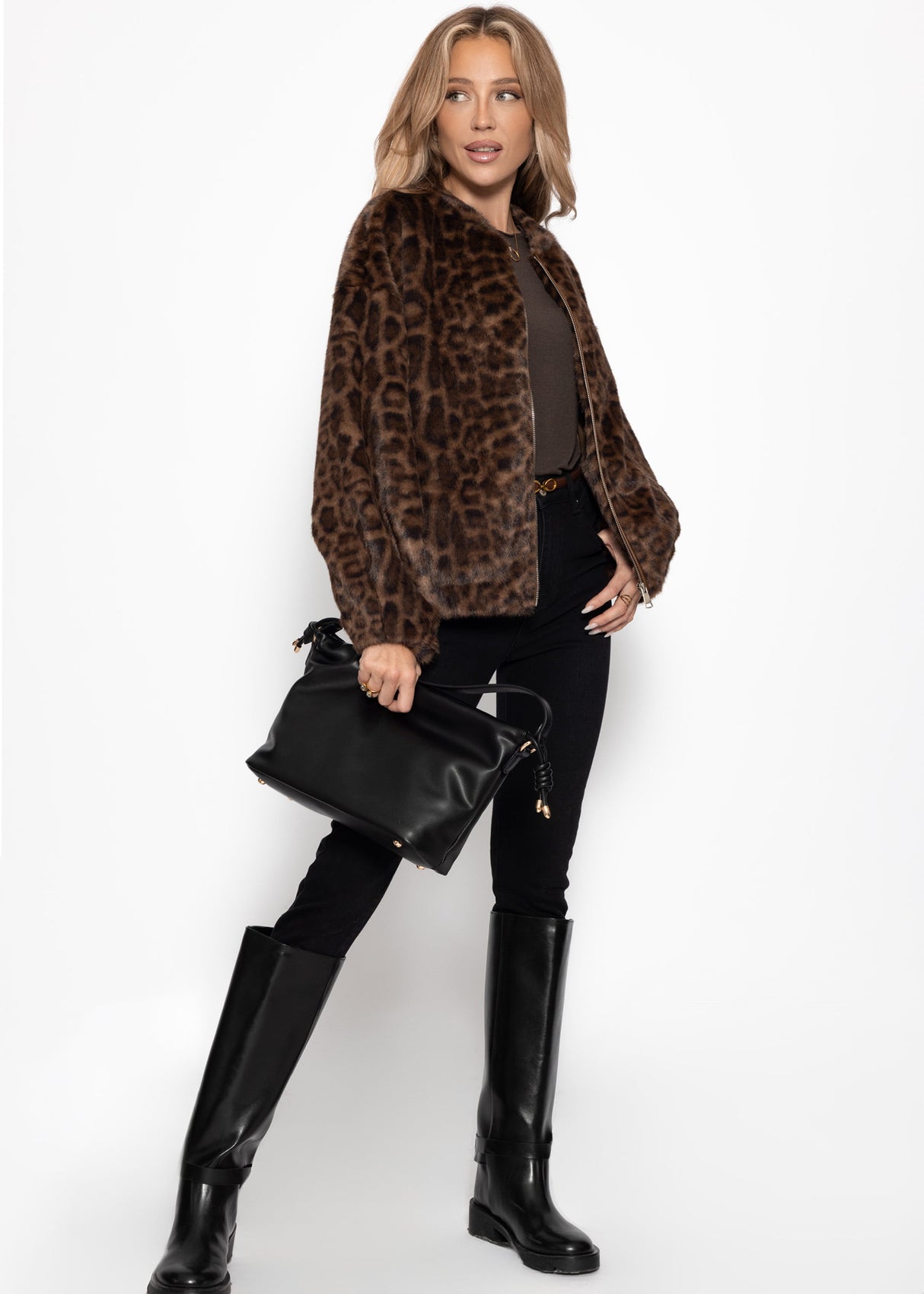 Faux fur bomber jacket with leopard print - brown
