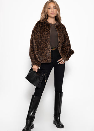 Faux fur bomber jacket with leopard print - brown