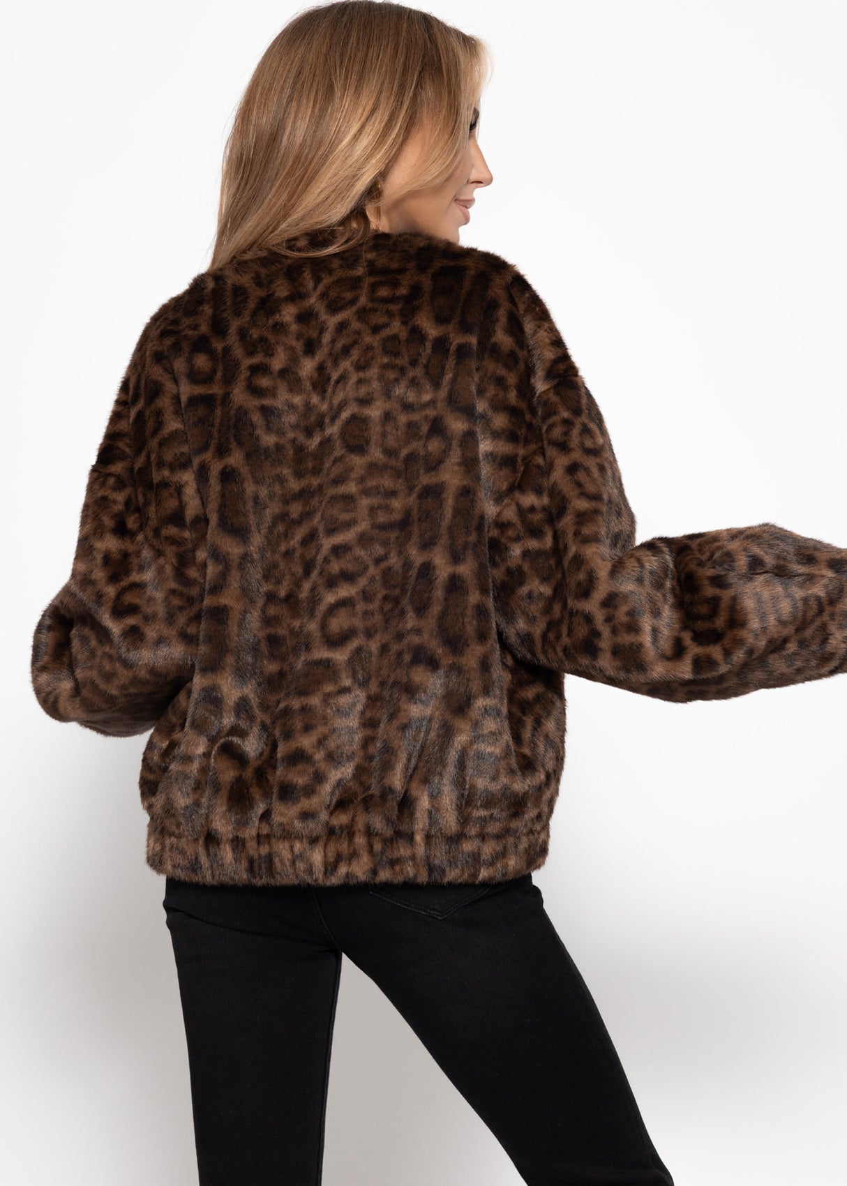 Faux fur bomber jacket with leopard print - brown