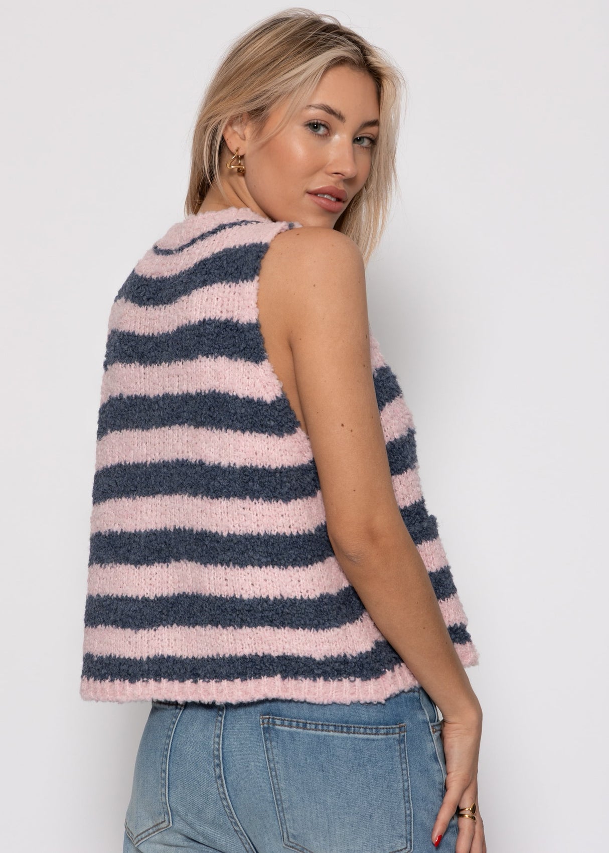 Bouclé-Weste mit Blockstreifen - rosa-grau