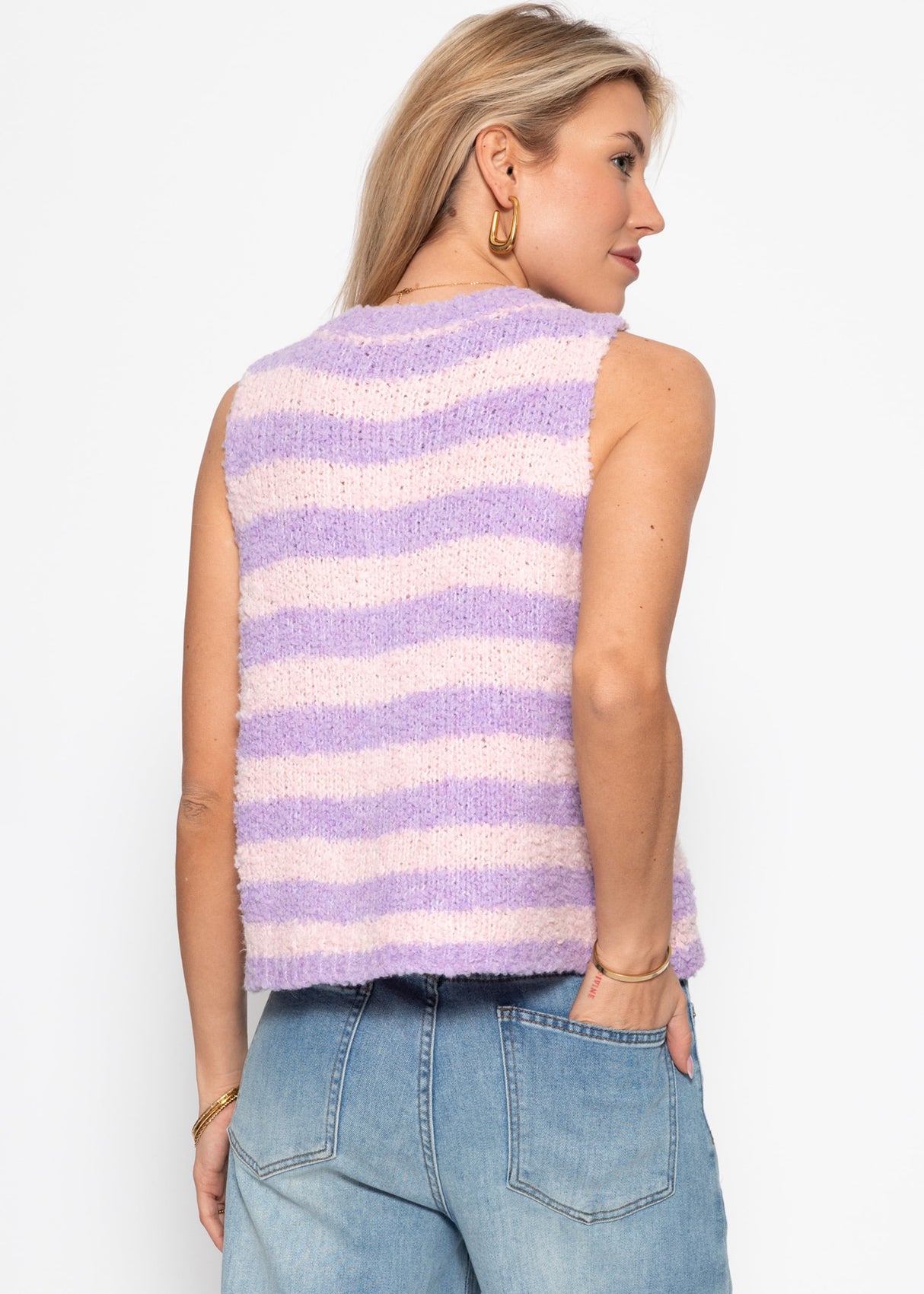 Bouclé-Weste mit Blockstreifen - rosa-flieder